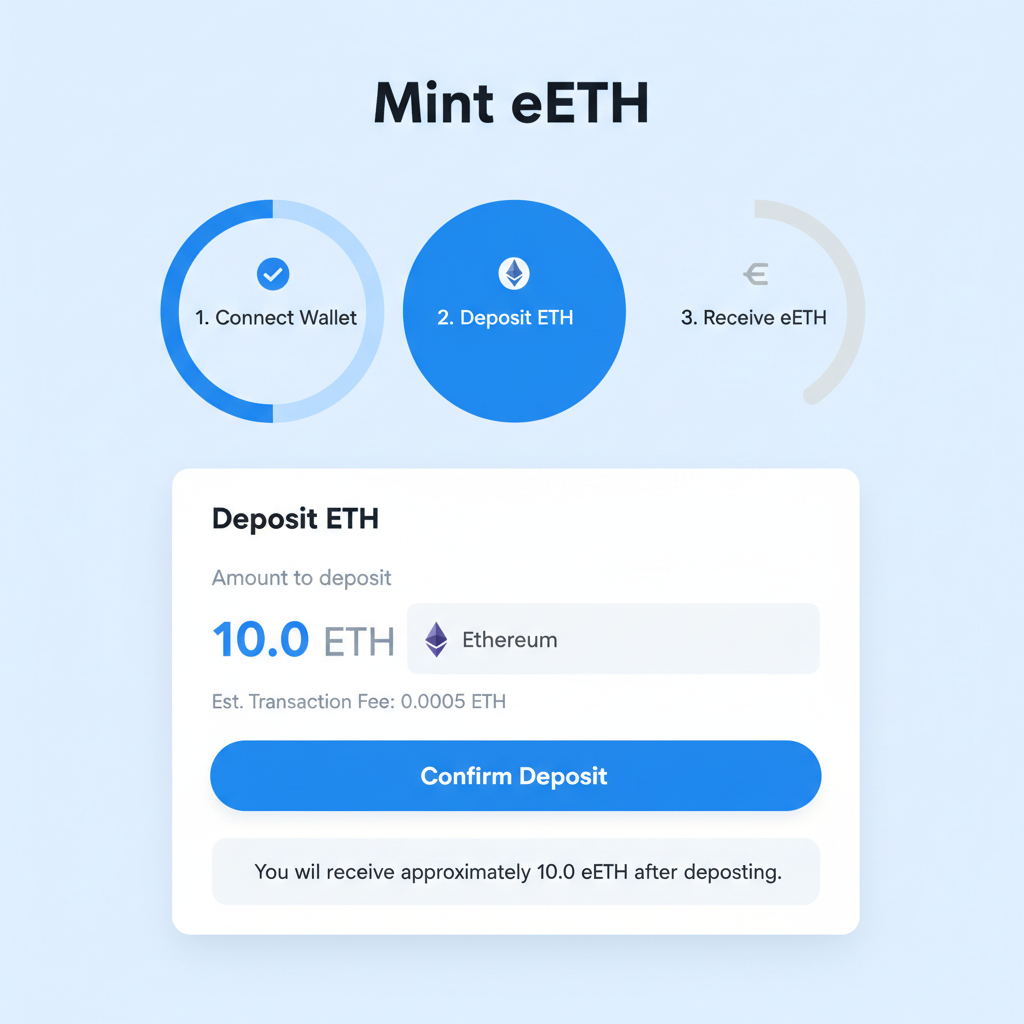 ether.fi platform depositing ETH to mint eETH, clean web UI with progress bar