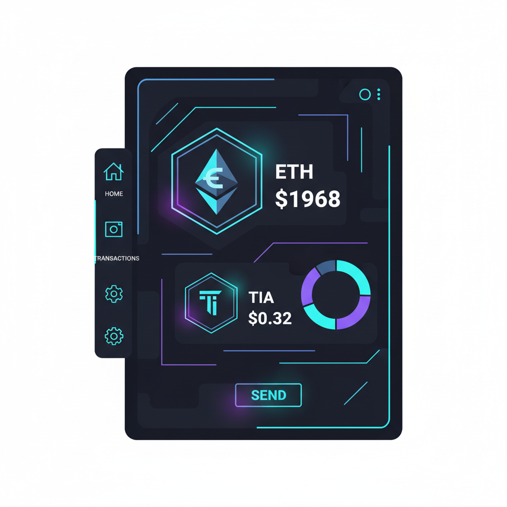 crypto wallet dashboard showing ETH at $1968 and TIA at $0.32 icons, neon futuristic UI