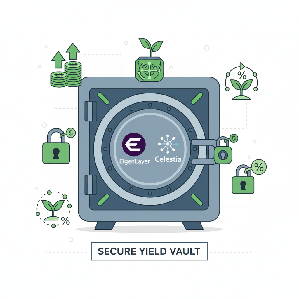 secure crypto vault with locks, EigenLayer and Celestia logos, green yield icons