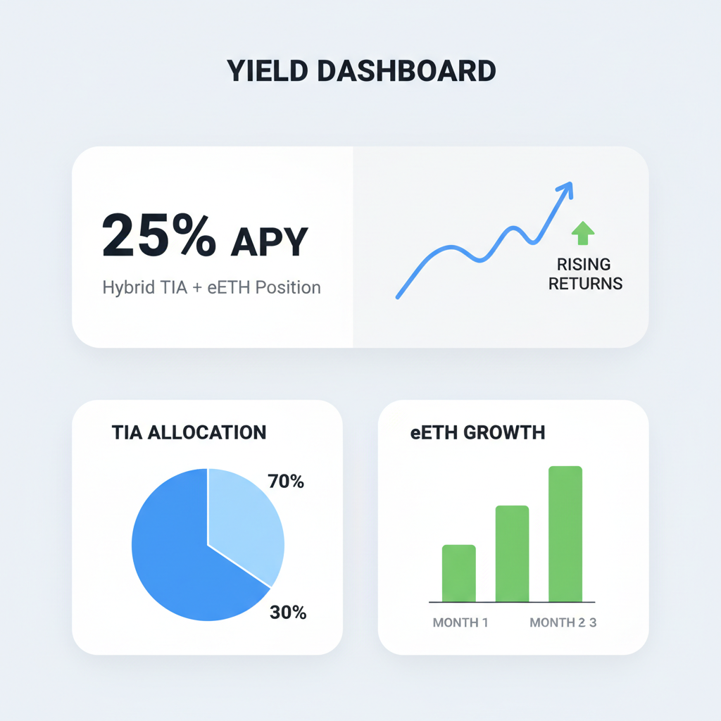 yield dashboard graph showing 25% APY hybrid TIA eETH position, charts rising