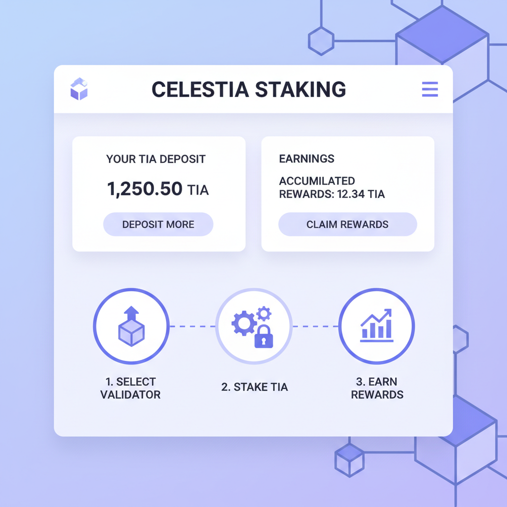 Celestia staking dashboard with TIA deposit, modular blockchain graphics