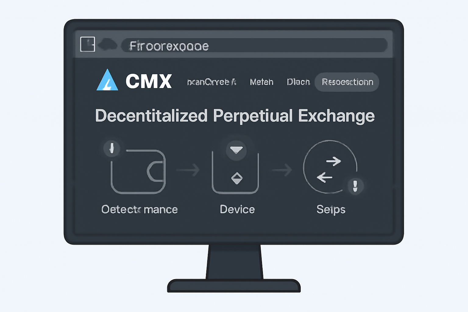 A computer screen displaying the GMX app homepage with the URL visible, clean DeFi UI, dark mode, professional look.