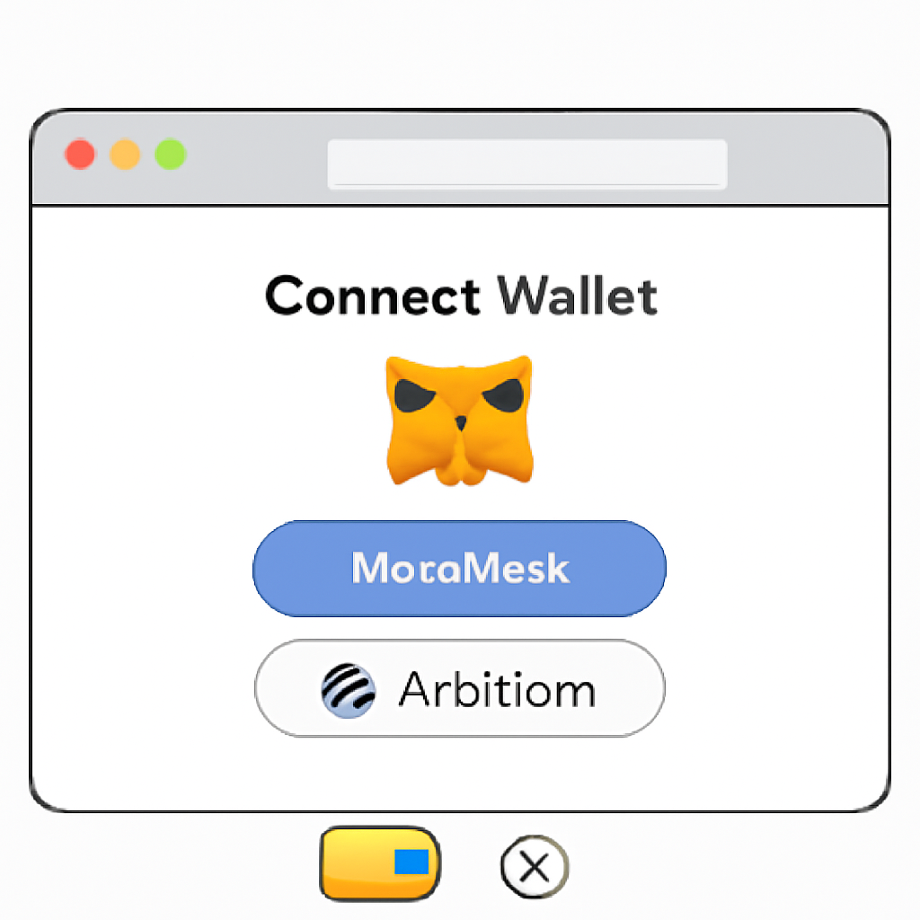 A browser window showing a wallet connection popup with MetaMask and Arbitrum network selected, digital wallet icons, clean interface.