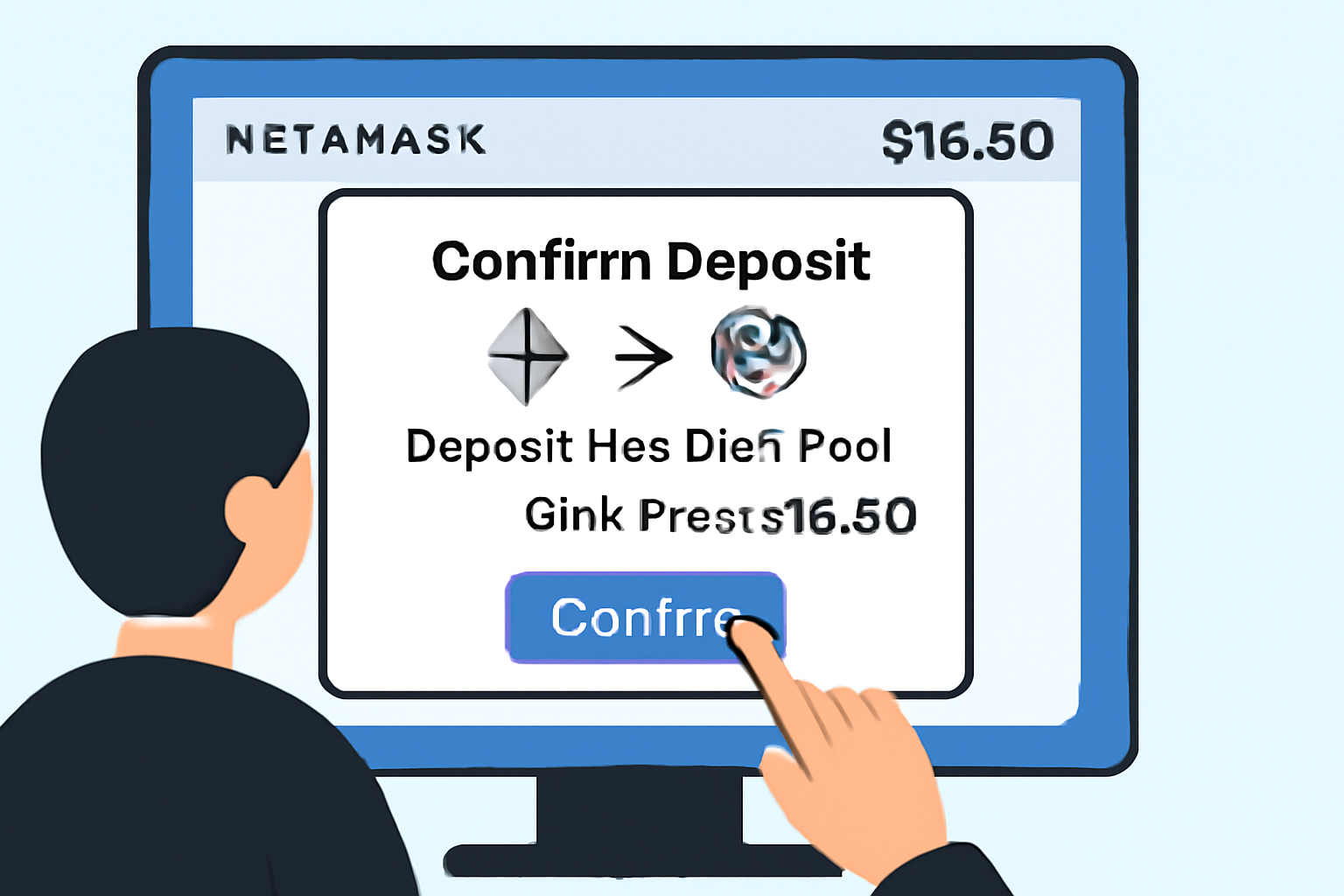 A user confirming a deposit transaction in MetaMask, showing ETH or USDC being deposited into a DeFi pool, with GMX price ($16.50) displayed on screen.
