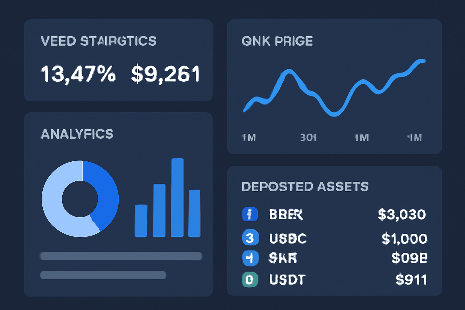 A dashboard showing yield statistics and deposited assets, with a focus on analytics and GMX price charts, modern DeFi UI.