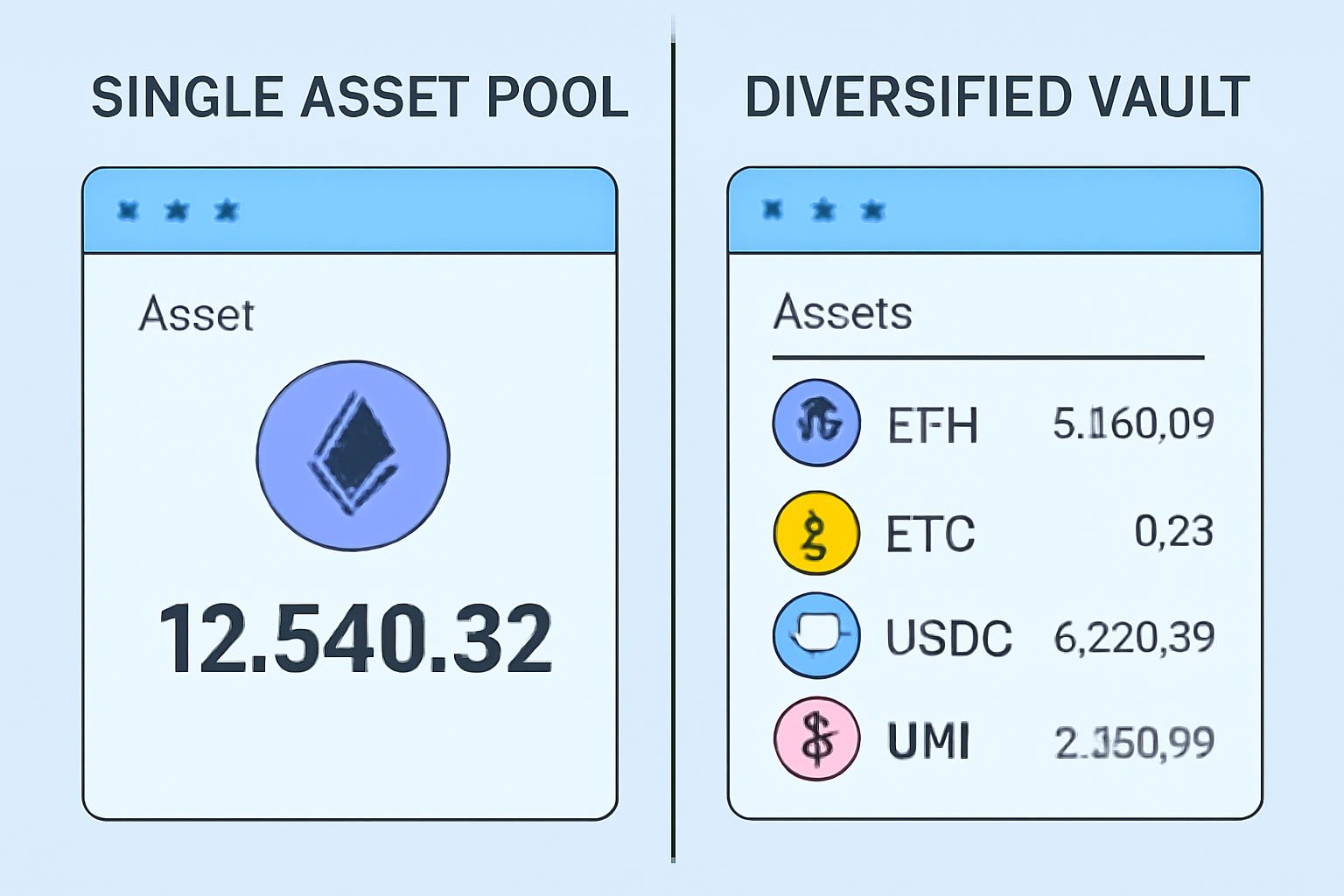 A split screen: one side showing a single asset pool (ETH), the other showing a diversified vault with multiple tokens, DeFi dashboard style.