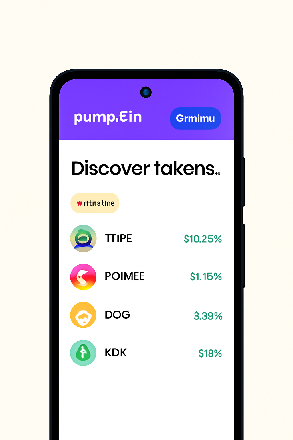 Saga phone displaying Pump.fun's vibrant token discovery interface, with trending tokens and connect wallet button visible.