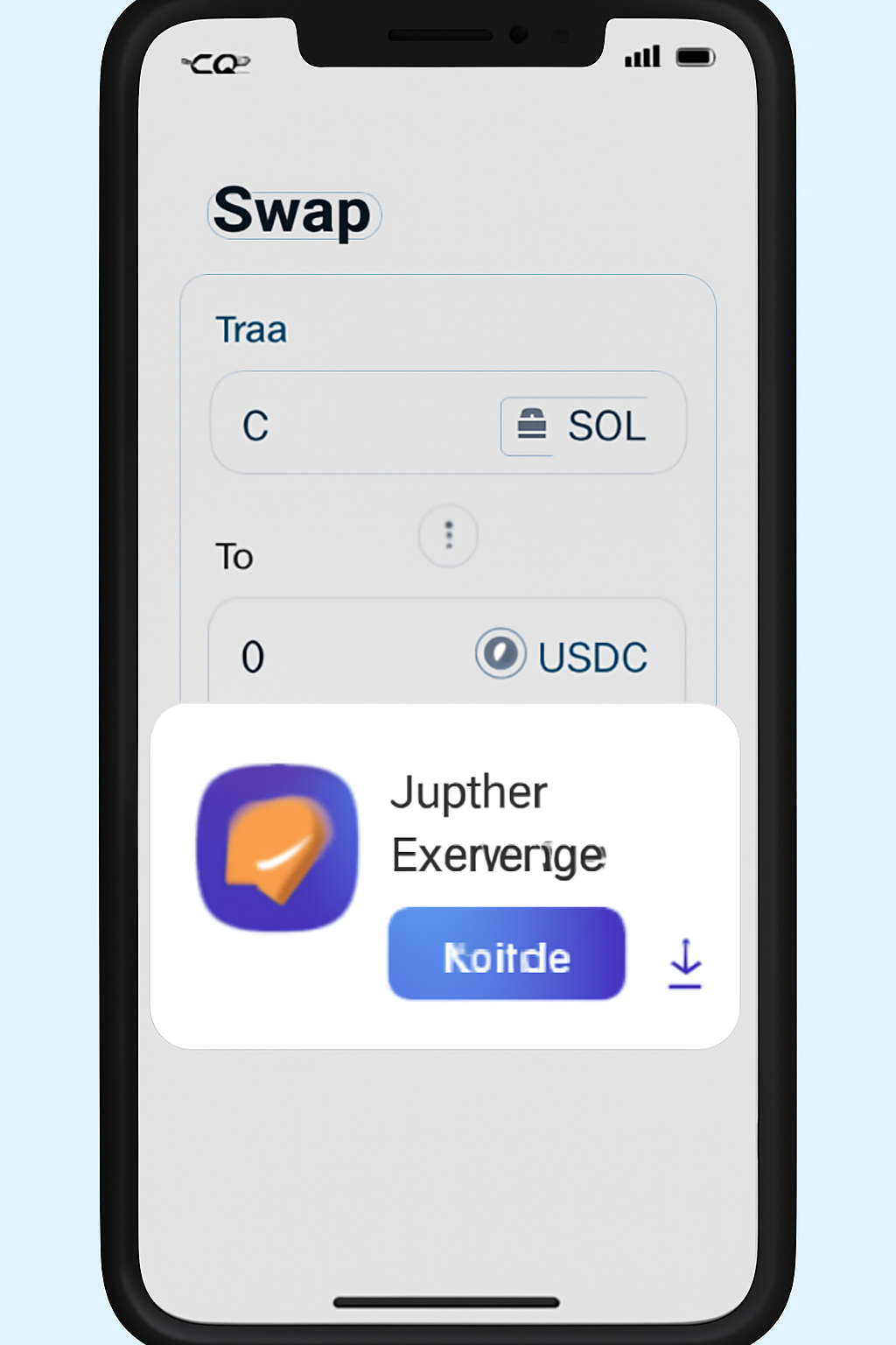 Saga phone screen showing Jupiter Exchange app icon and installation process, with a swap interface in the background.