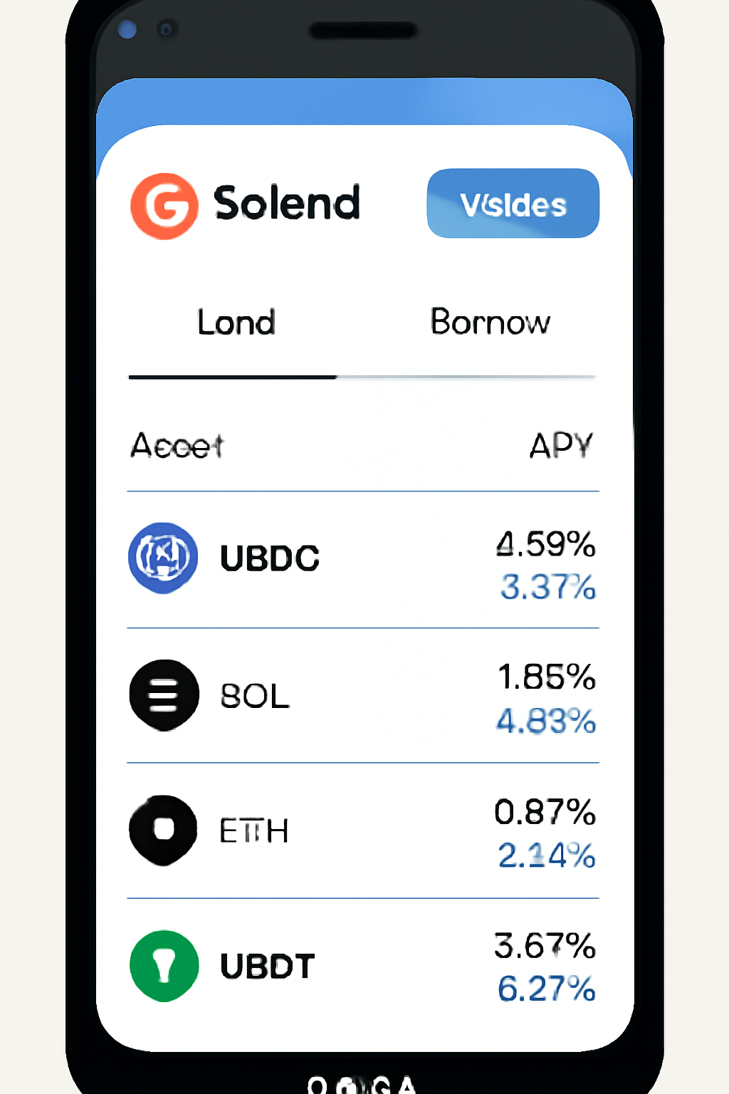 Saga phone displaying Solend's lending and borrowing interface, with wallet connected and asset list visible.