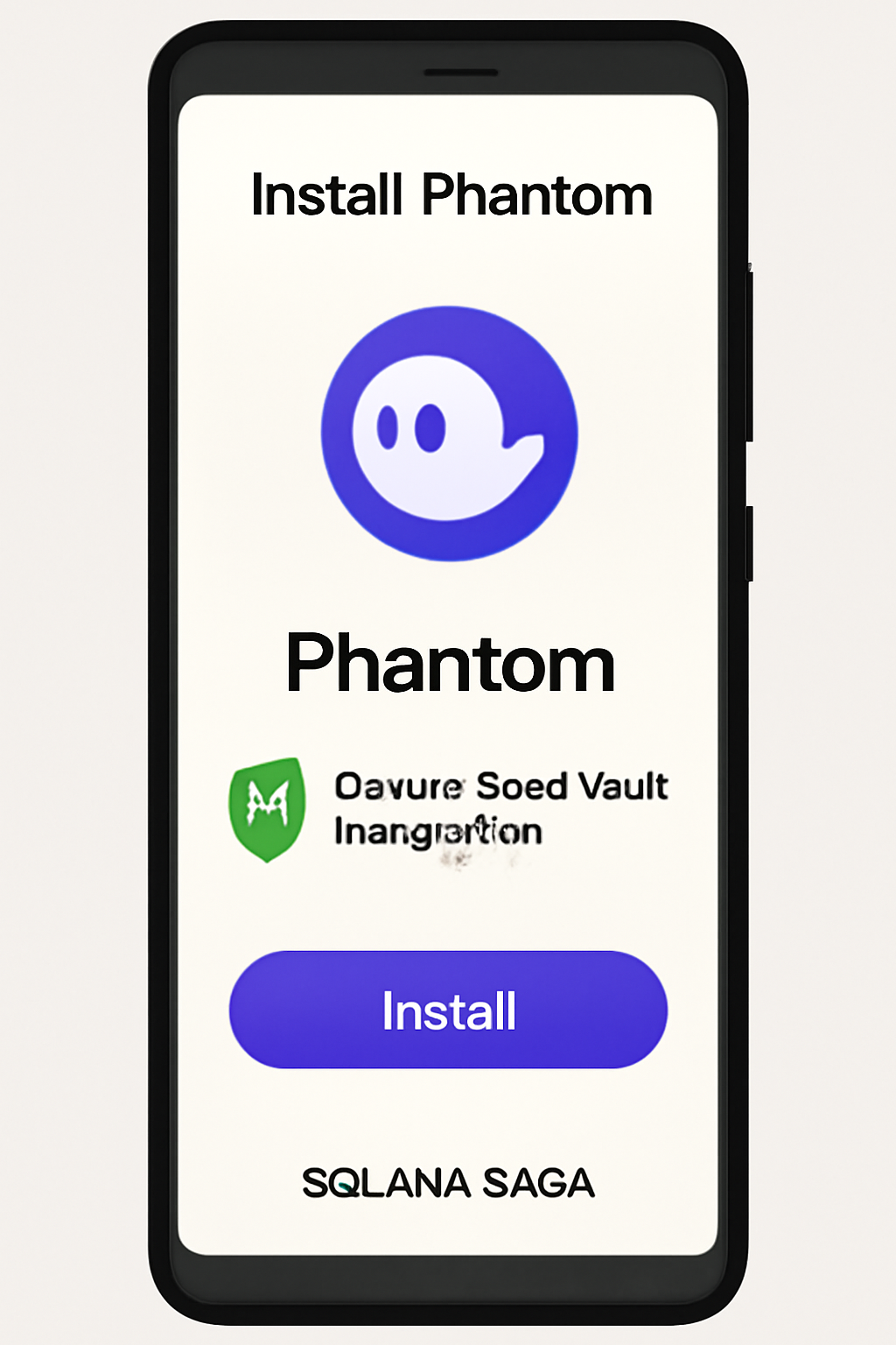 A Solana Saga phone displaying the Phantom wallet installation screen, with secure Seed Vault integration highlighted.