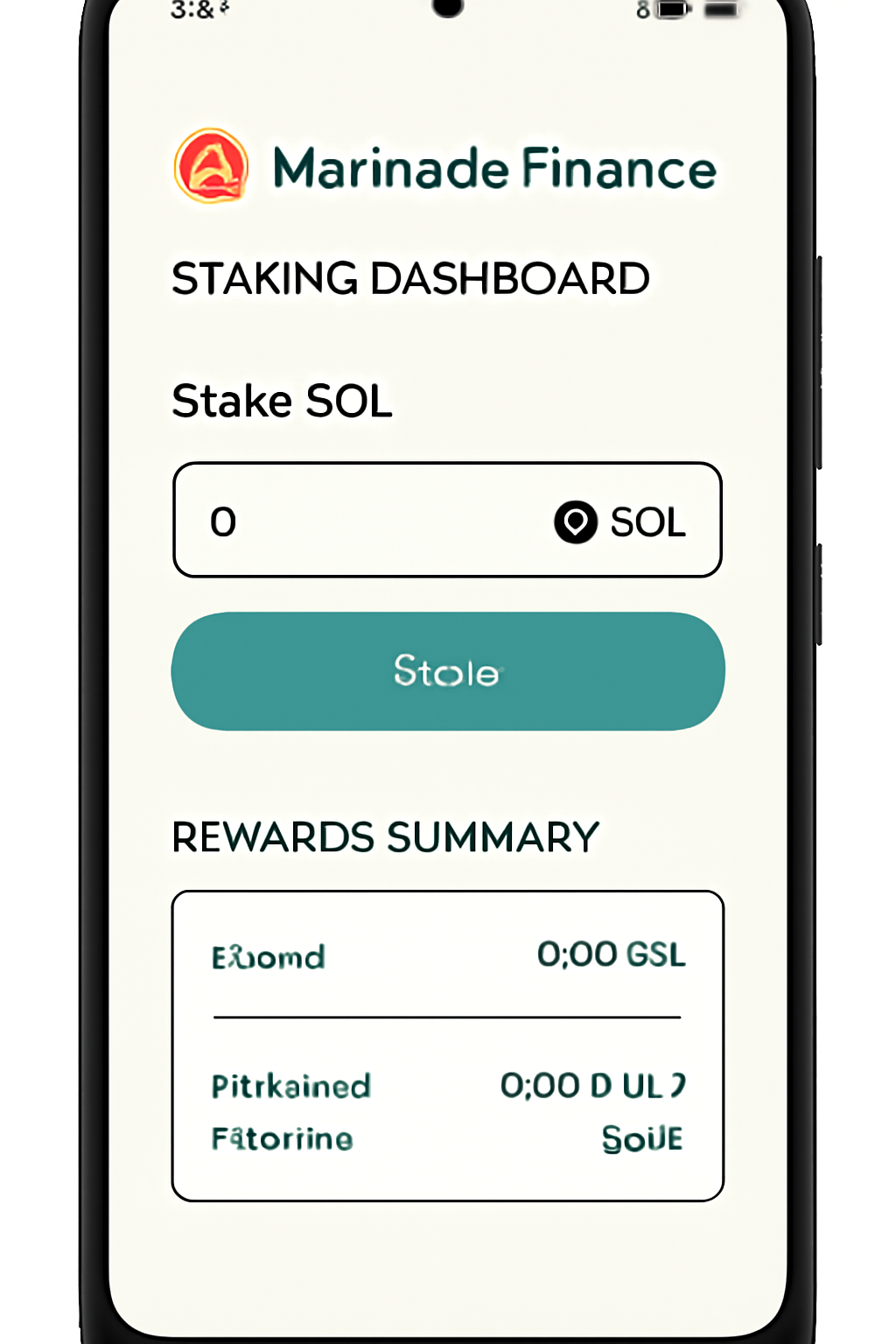 Saga phone screen with Marinade Finance's staking dashboard, showing SOL staking options and rewards summary.