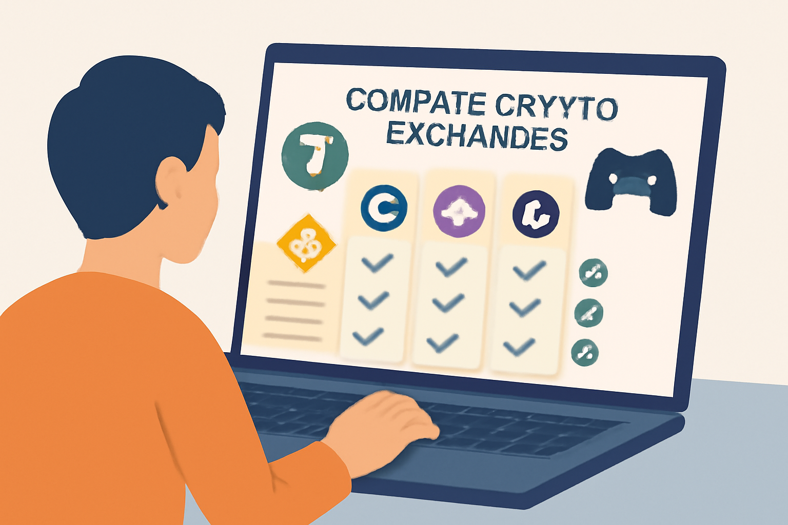 a person comparing popular cryptocurrency exchanges on a laptop, with USDT and esports icons visible
