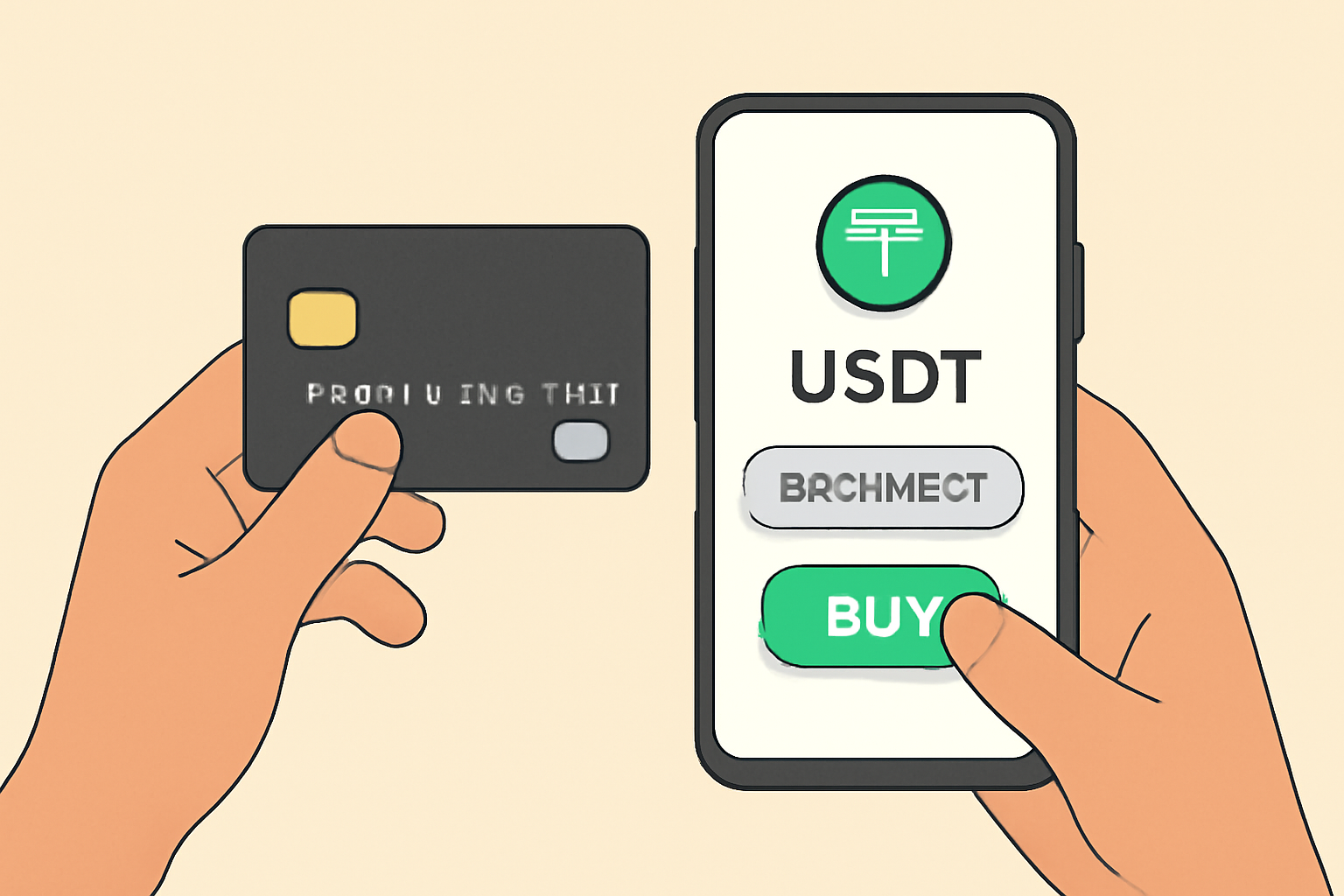 hands holding a credit card and phone, buying USDT on an exchange app