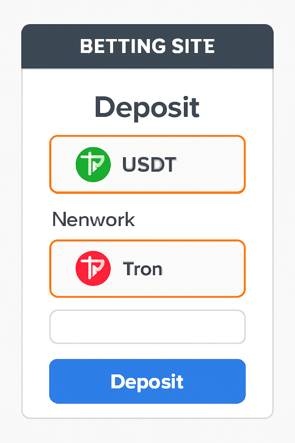 betting site deposit page with USDT and network options highlighted