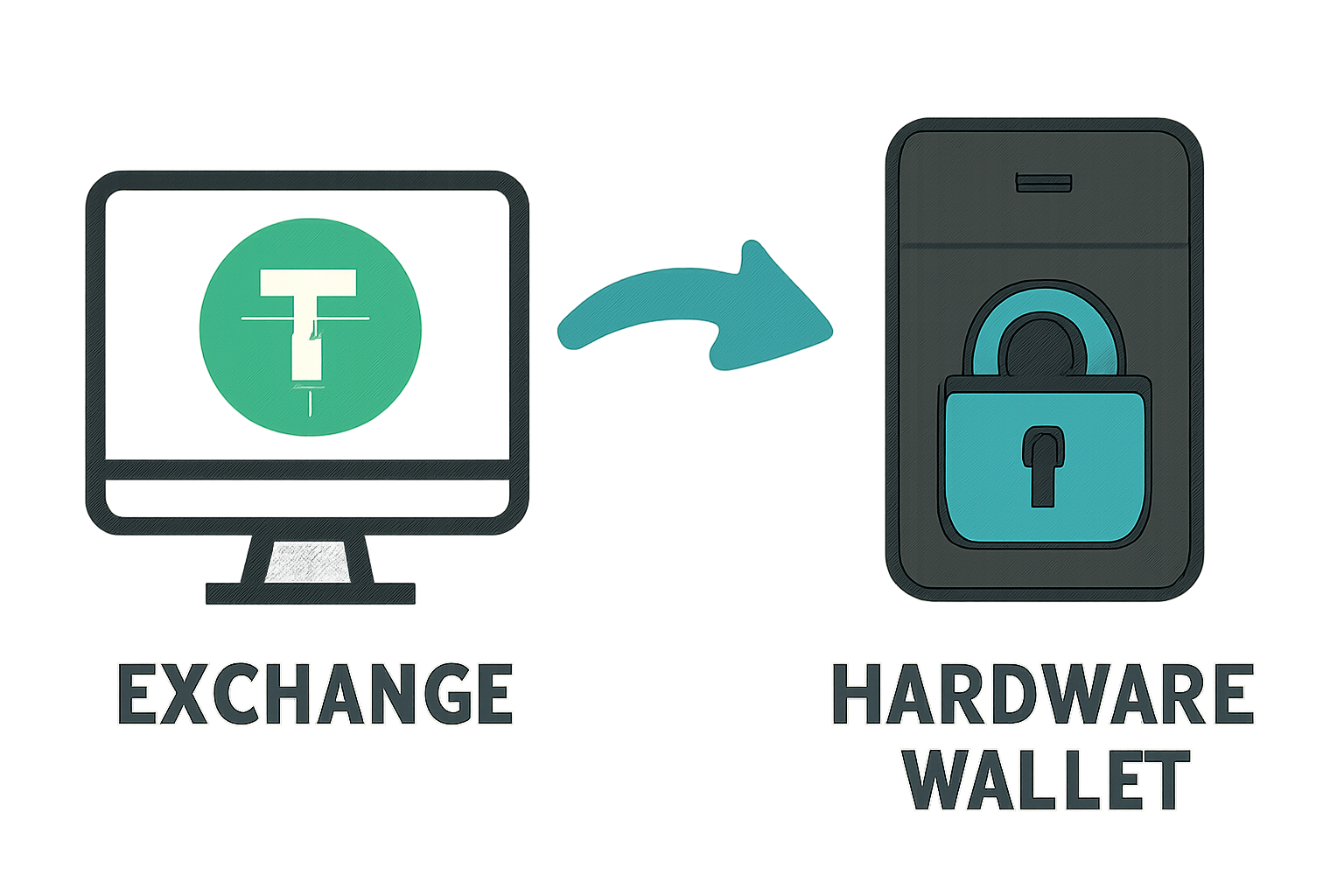transferring USDT from an exchange to a secure hardware wallet, digital lock symbol