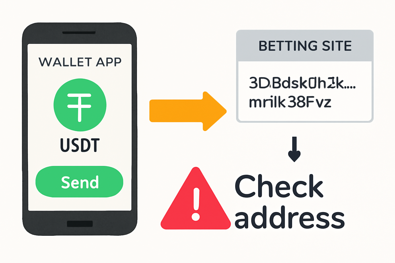 sending USDT from a wallet app to a betting site address, with a warning to check address