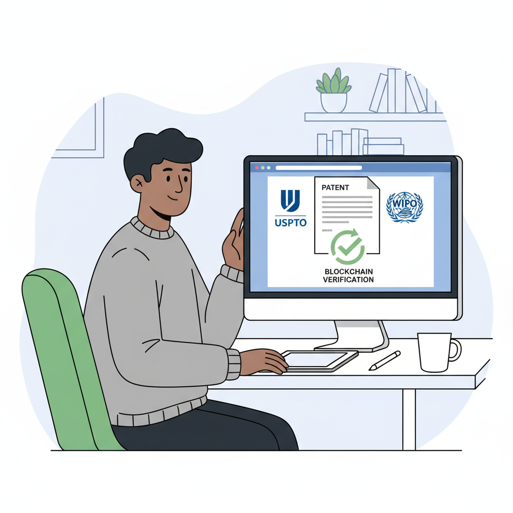 Inventor at desk verifying patent document on computer screen showing USPTO WIPO logos and blockchain verification checkmark