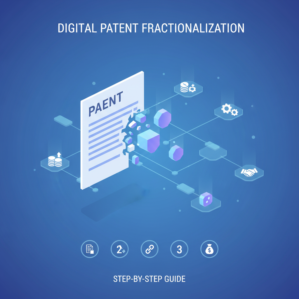 Digital patent document breaking into glowing fractional tokens on blockchain network, revenue sharing icons