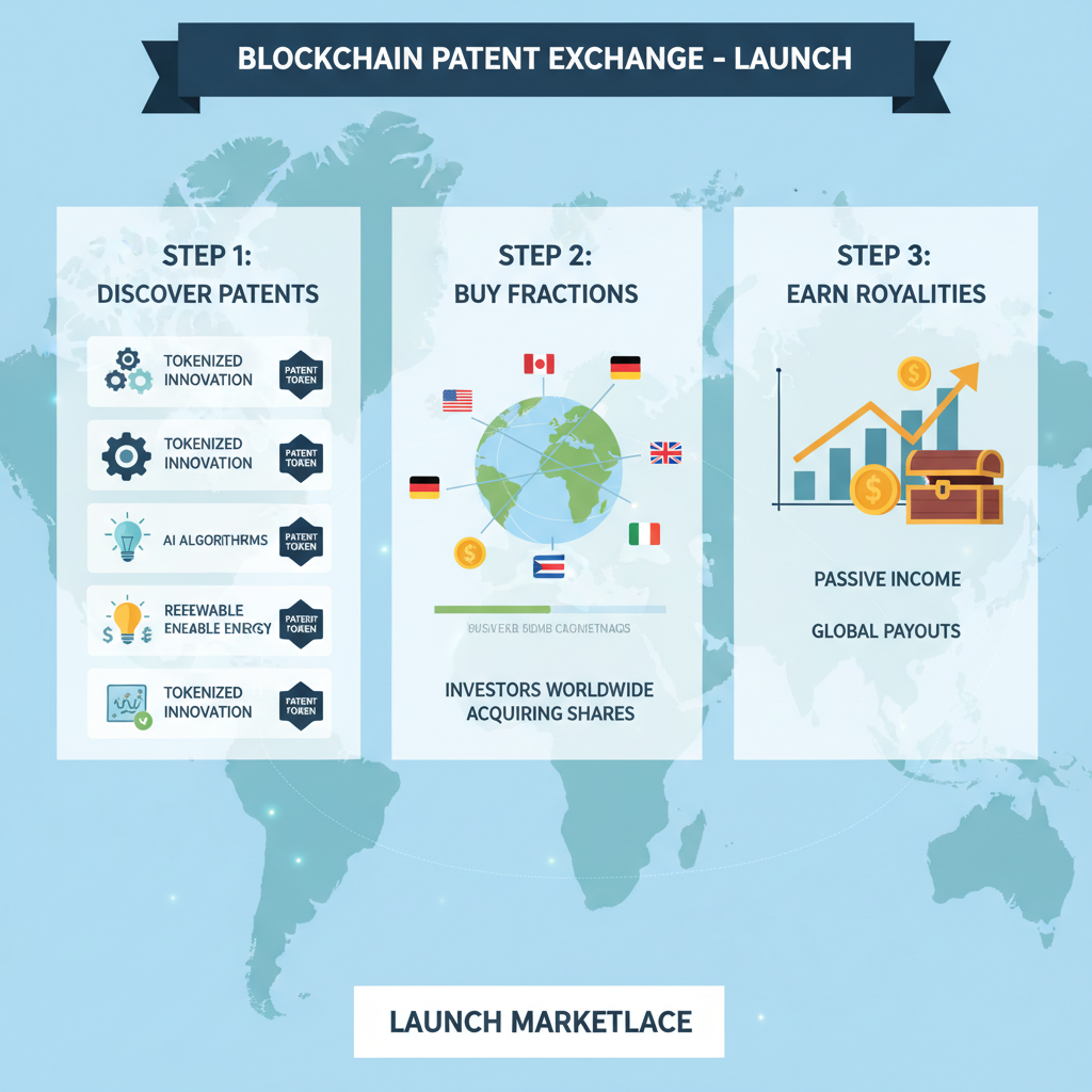 Blockchain marketplace launch screen with patent tokens listing, investors buying fractions worldwide map background