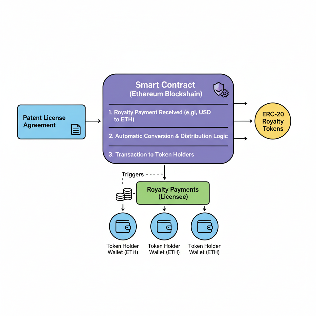 Smart contract automating royalty flow from patent license to token holders wallets on Ethereum blockchain diagram