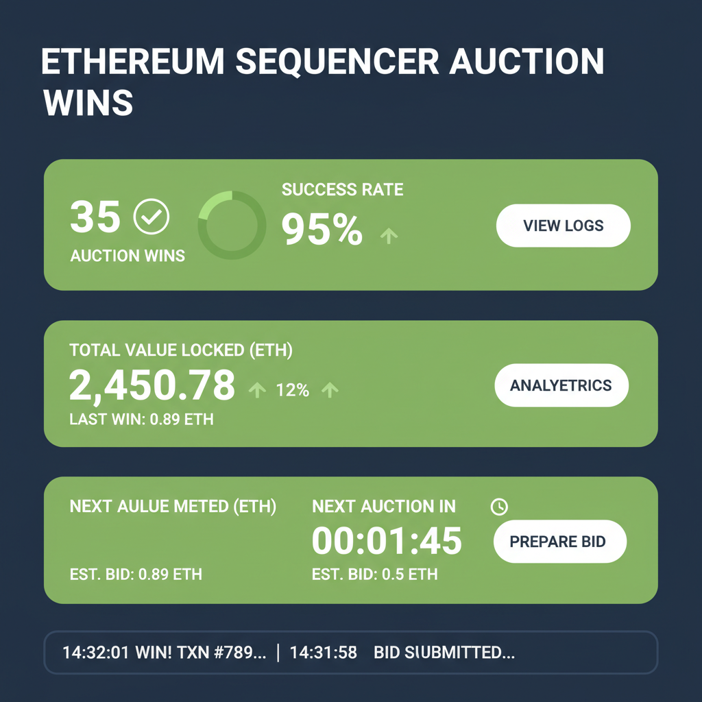 live monitoring dashboard with Ethereum sequencer auction wins, green success metrics