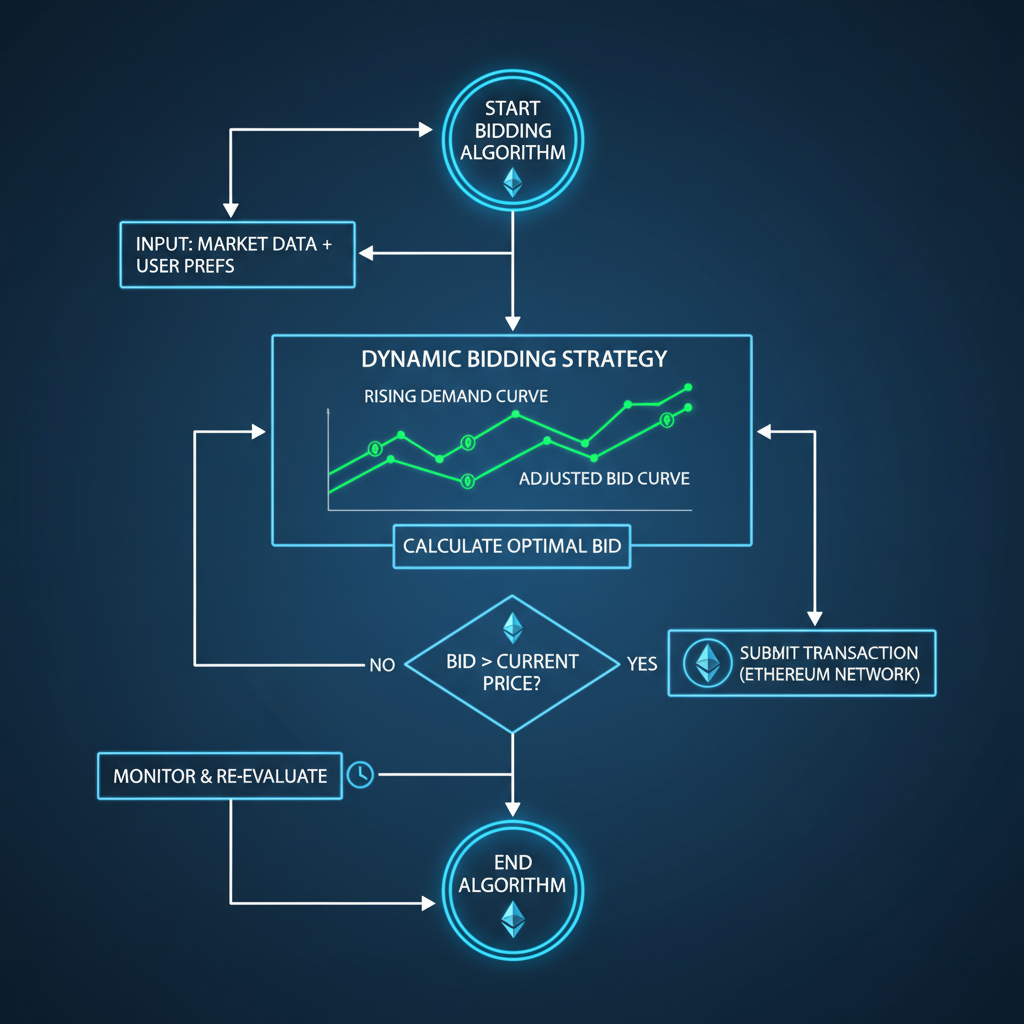 algorithm flowchart with dynamic bidding curves, Ethereum icons, rising demand graphs in neon green