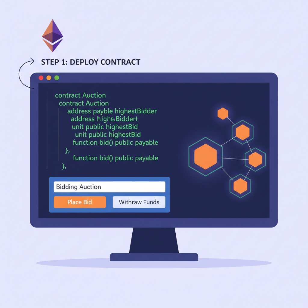 Solidity smart contract code glowing on screen, Ethereum blockchain with bidding auction interface