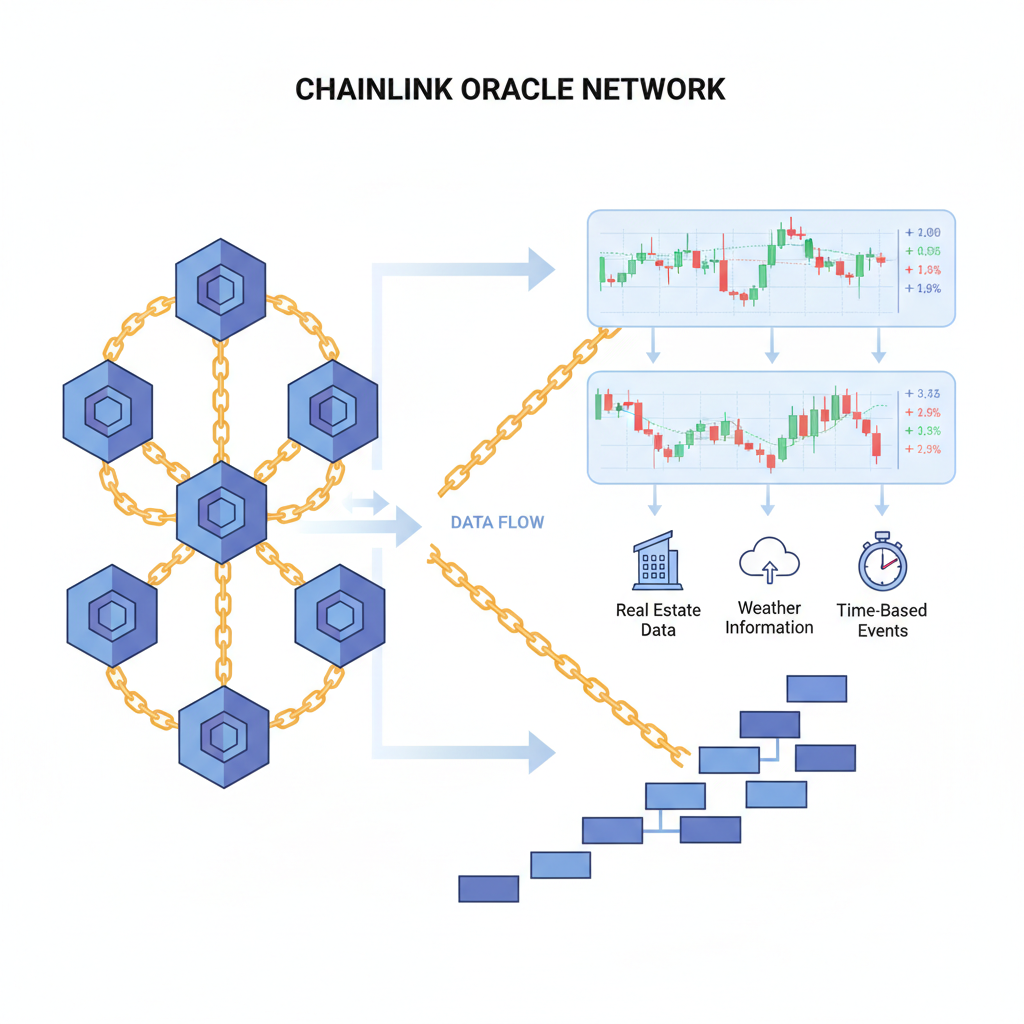 Chainlink oracle nodes linking blockchain data streams with golden chains and real-time price charts