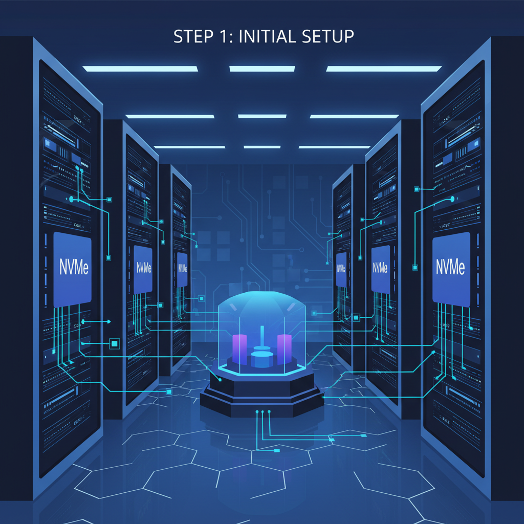 high-tech server room with glowing blue fiber optic cables and NVMe drives, futuristic low-latency network hub