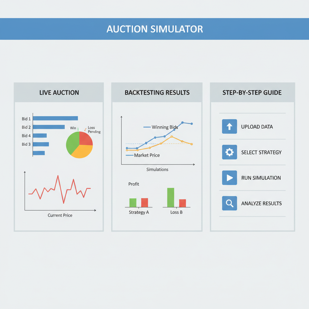 simulation dashboard with auction graphs, backtesting charts showing winning bids over time