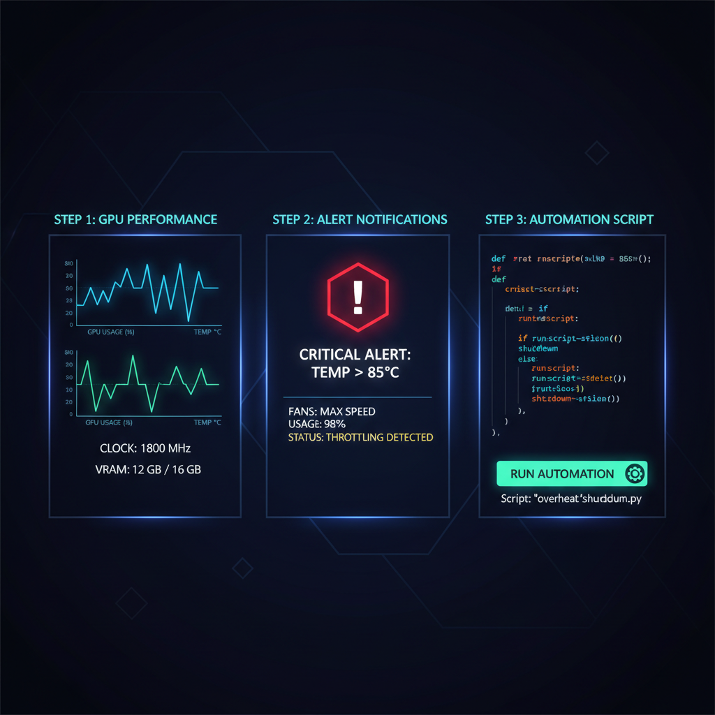 dashboard screens with GPU monitoring graphs, alerts and automation scripts, neon digital interface