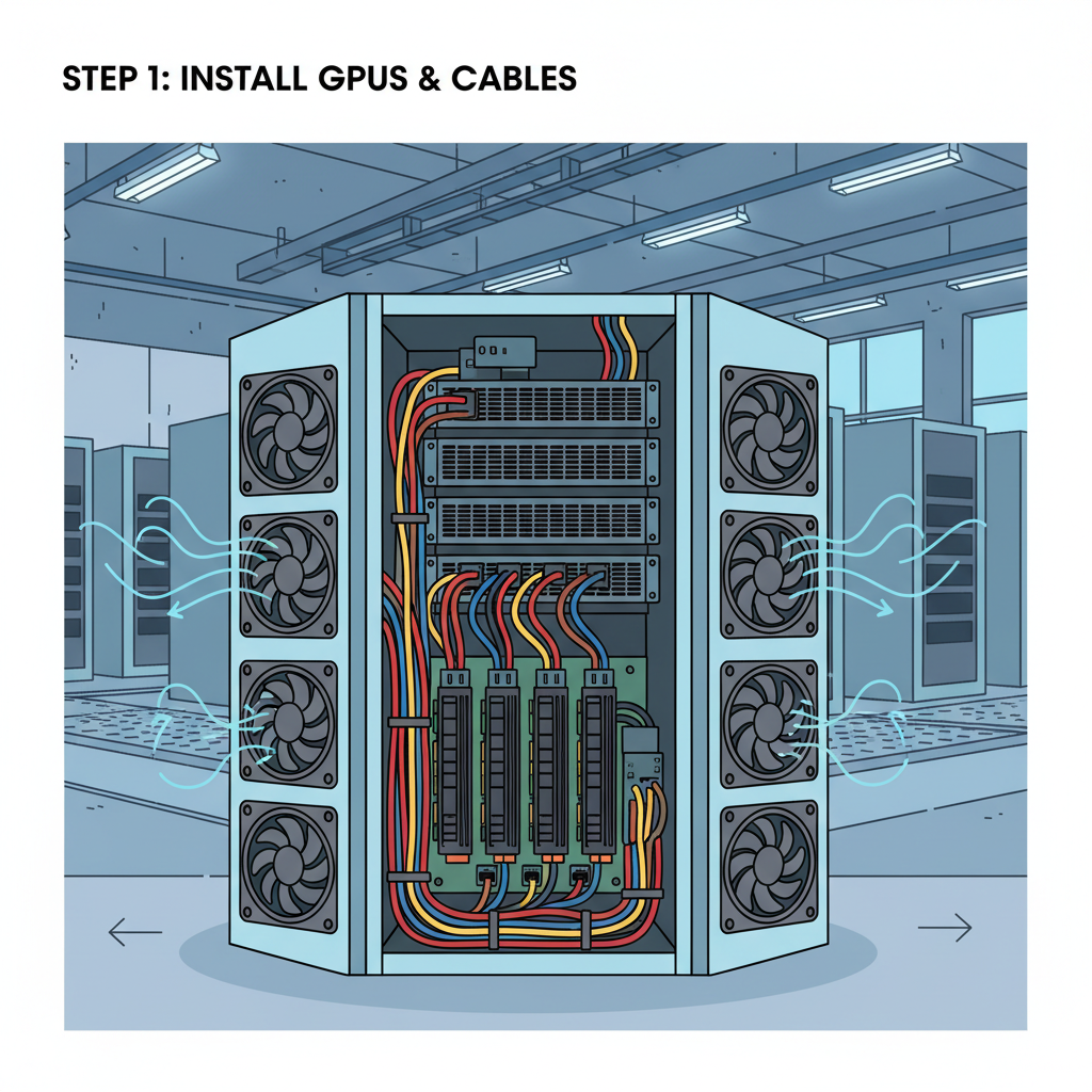 multi-GPU server cluster assembly, cables and cooling fans, industrial data center vibe