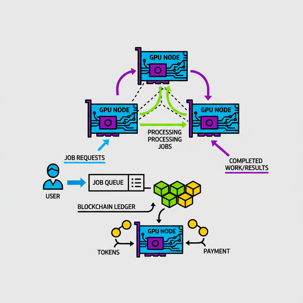 network of connected GPU nodes in a decentralized pool, token flows and job queues, blockchain graphic style