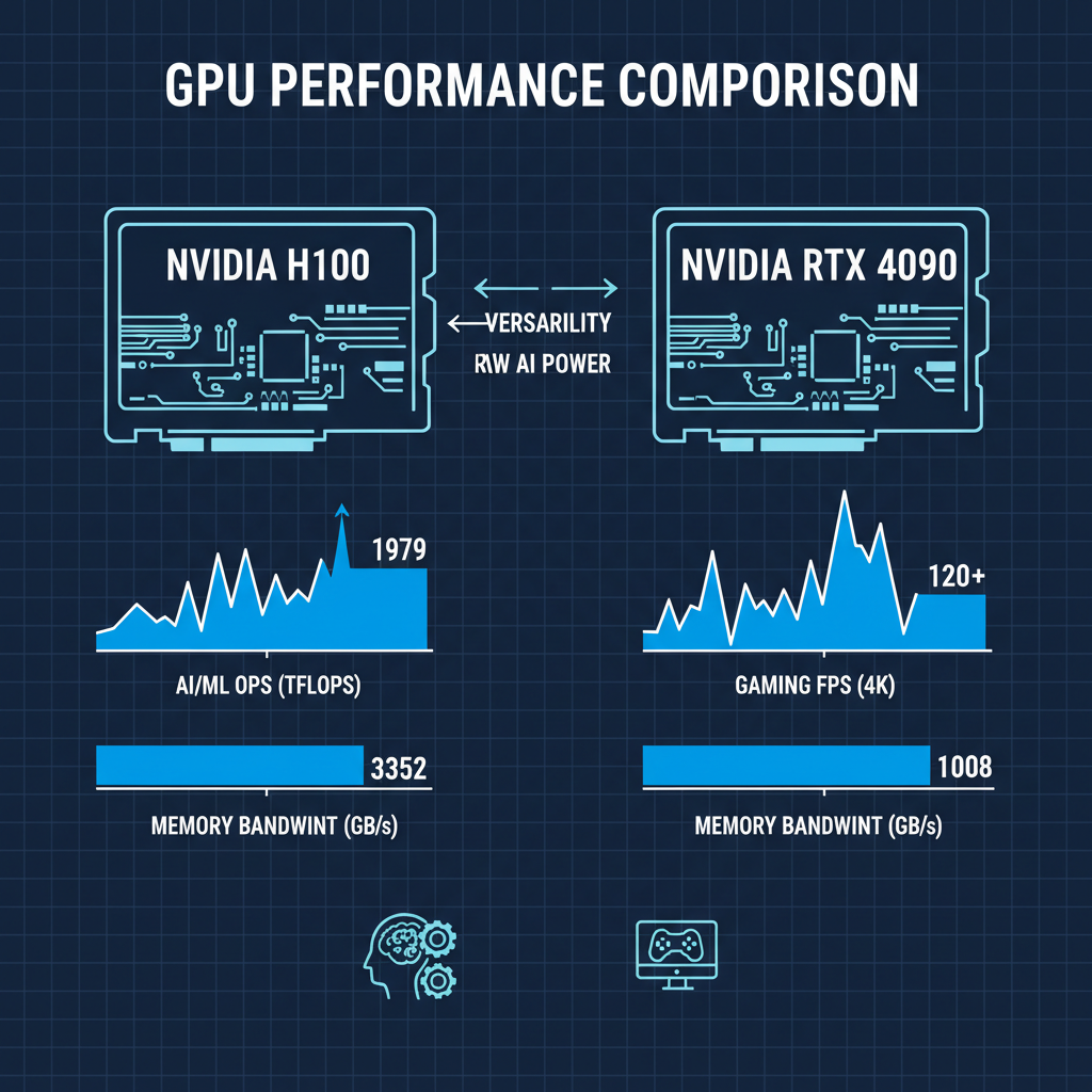 comparison chart of GPUs like H100 and RTX 4090, benchmark graphs, tech blueprint aesthetic