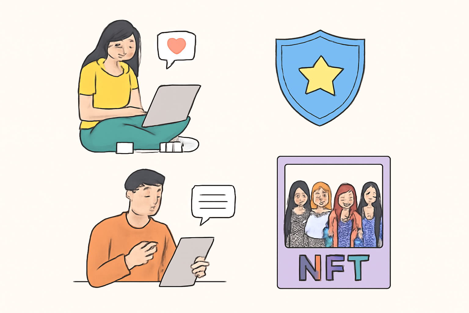 Fans interacting online, earning digital badges and NFT cards with K-Pop group visuals.