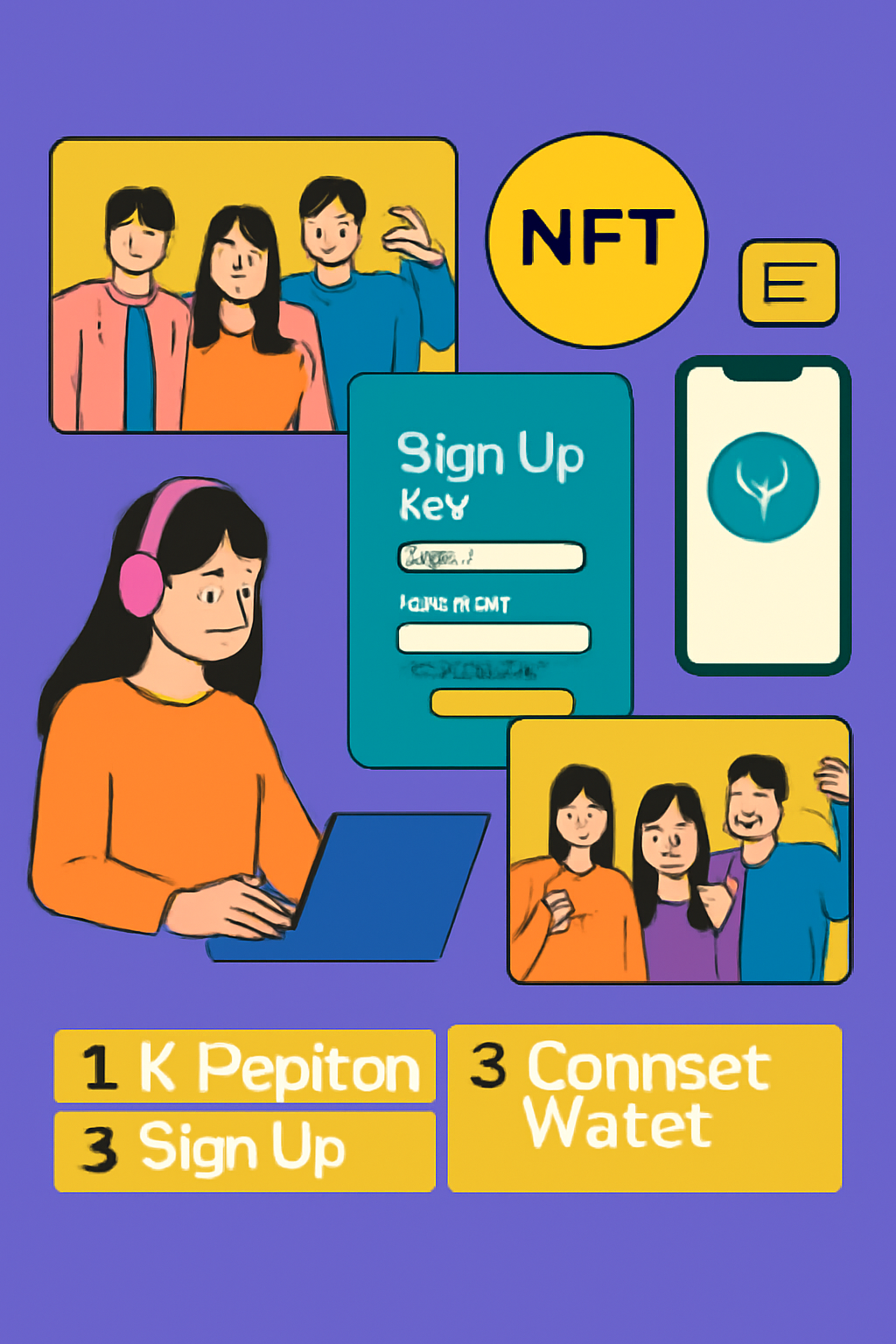 A vibrant digital interface showing a K-Pop fan signing up on a Web3 app, with K-Pop group images and NFT icons.