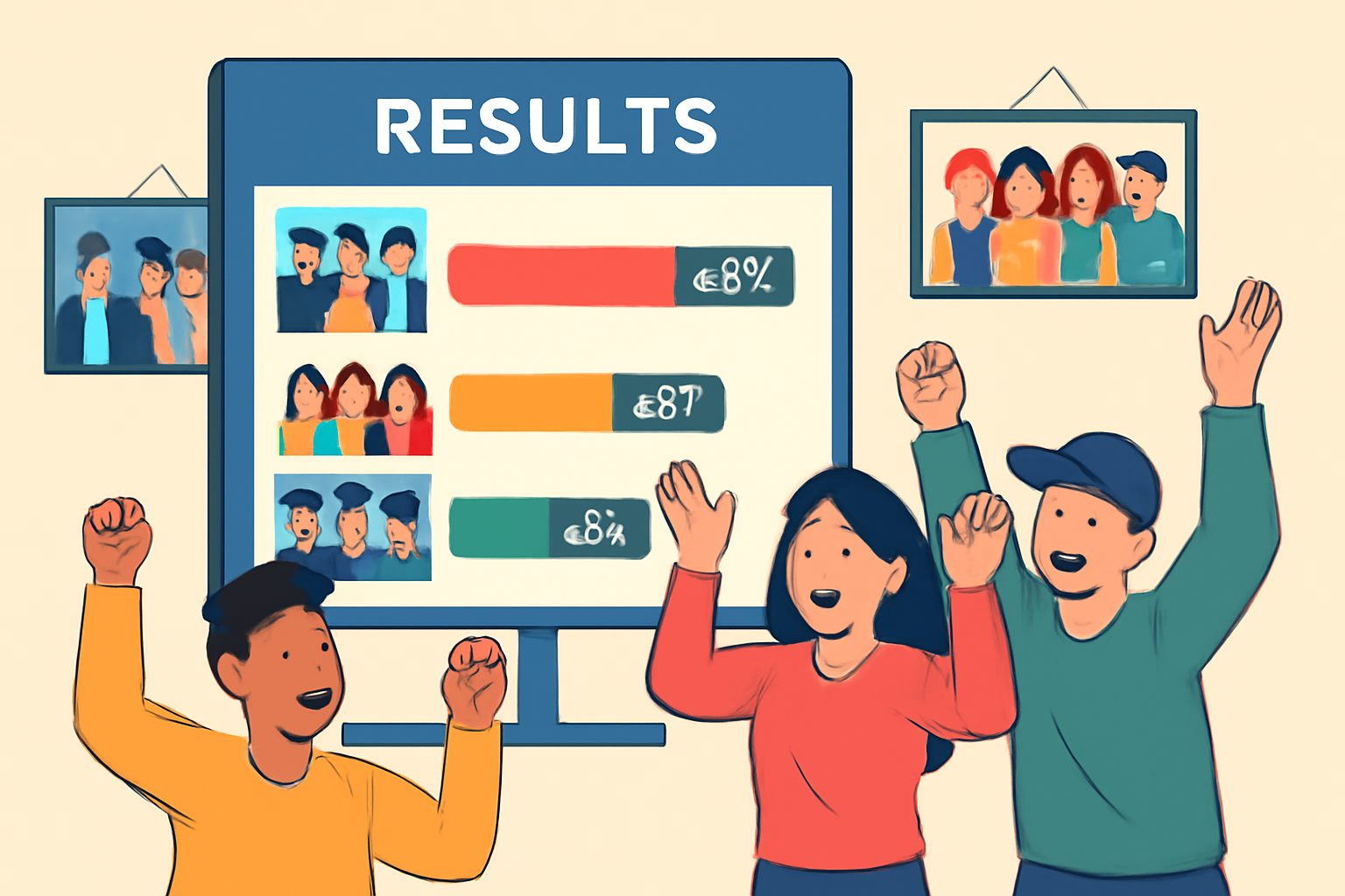 A results dashboard displaying live voting outcomes, with fans celebrating and K-Pop group images in the background.