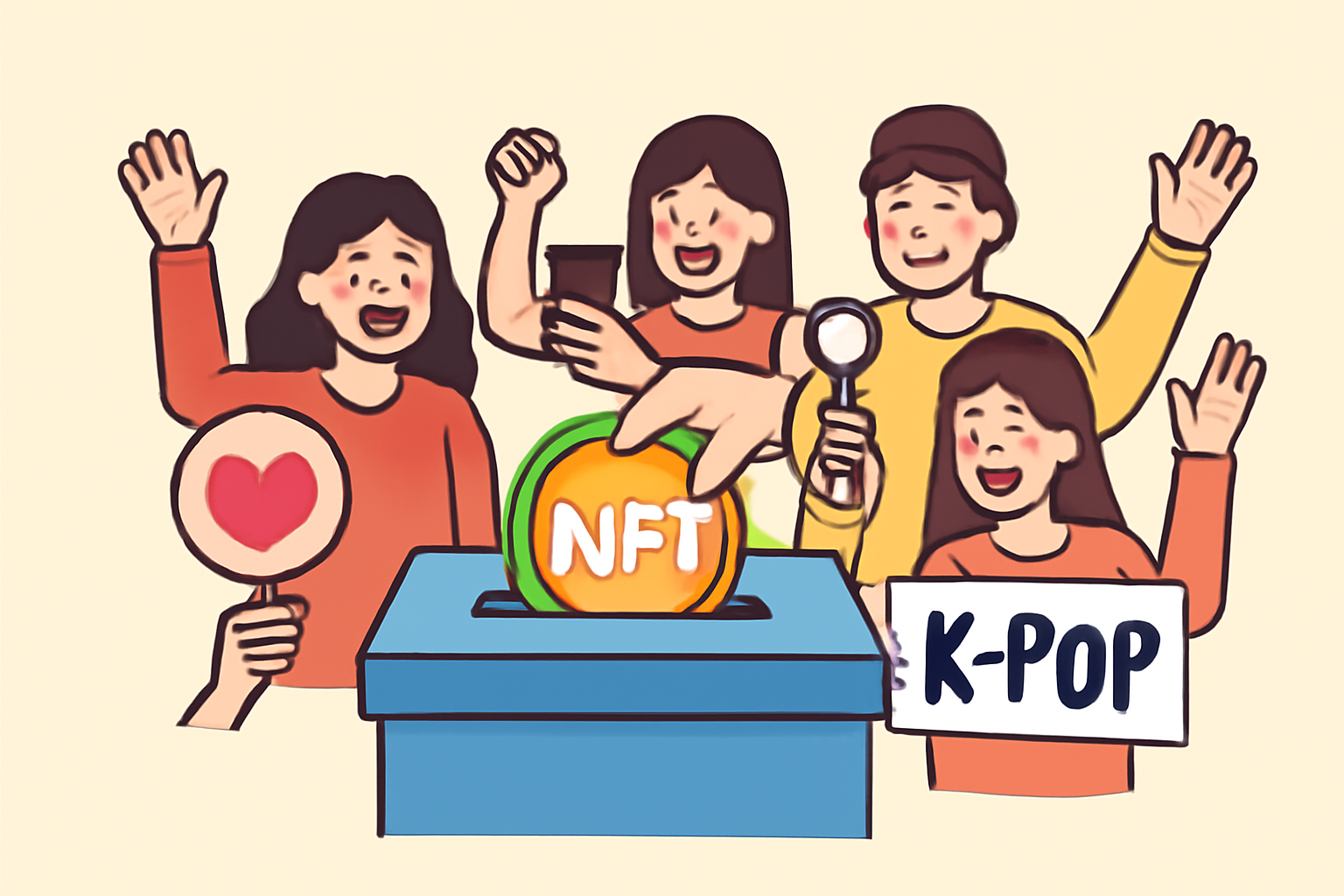 A digital ballot box with NFT badges being cast as votes, surrounded by excited K-Pop fans.
