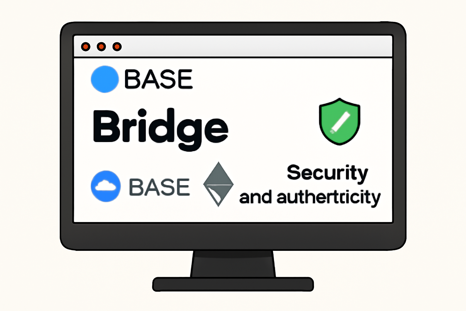 A computer screen displaying the official Base bridge website with the Base and Ethereum logos, emphasizing security and authenticity.