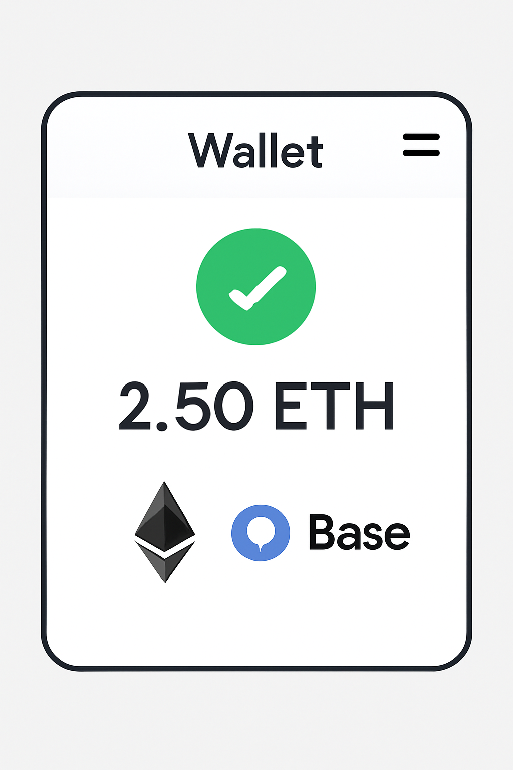 A wallet interface showing a successful ETH balance on the Base network, with a green checkmark and both network logos visible.