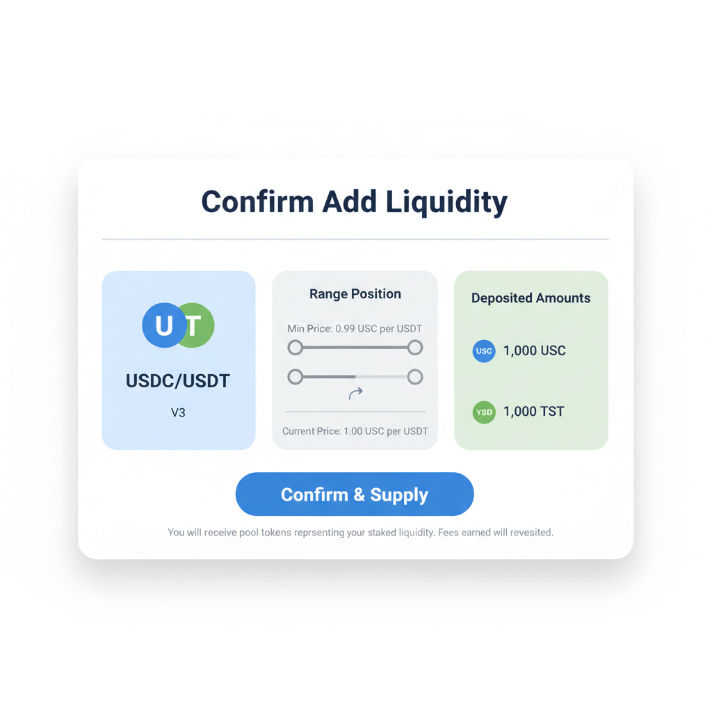 uniswap v3 add liquidity confirmation screen for USDC-USDT range position