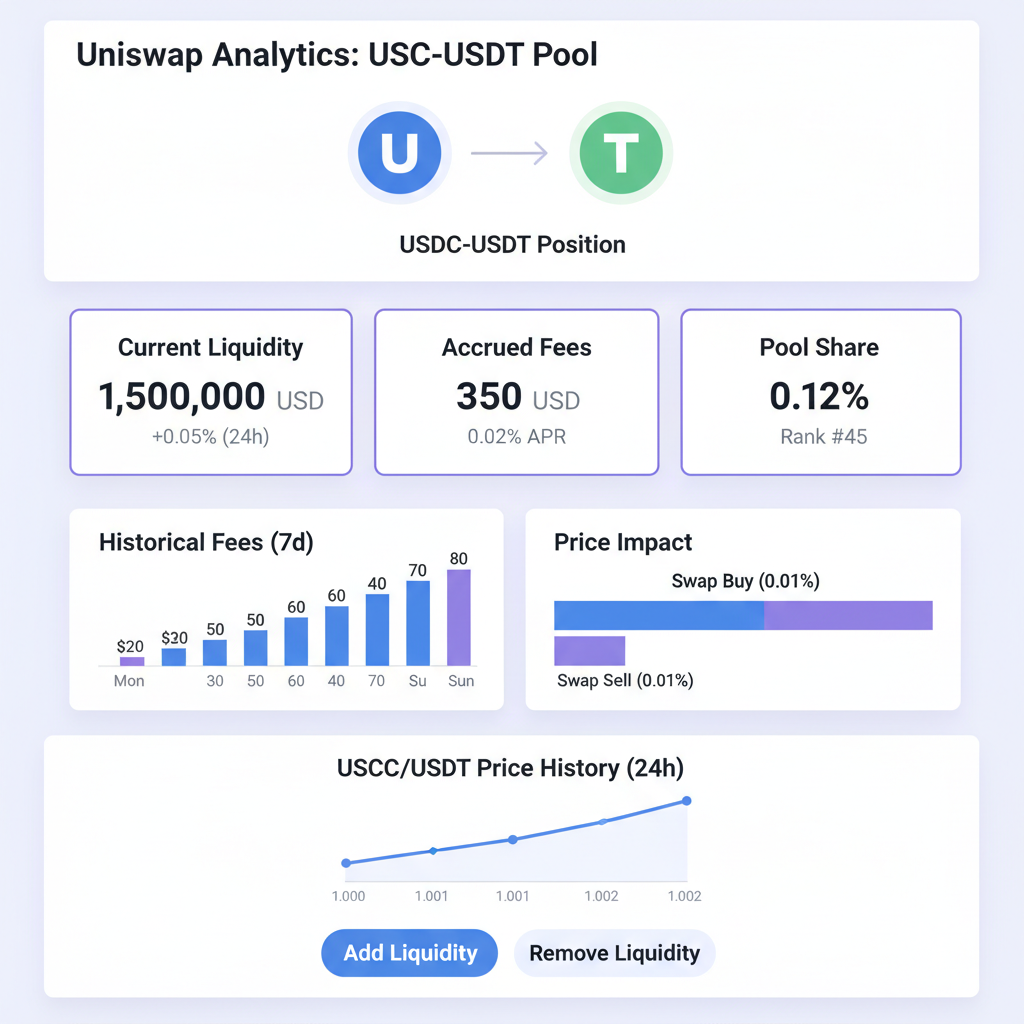 uniswap analytics dashboard showing USDC-USDT position metrics, charts and fees