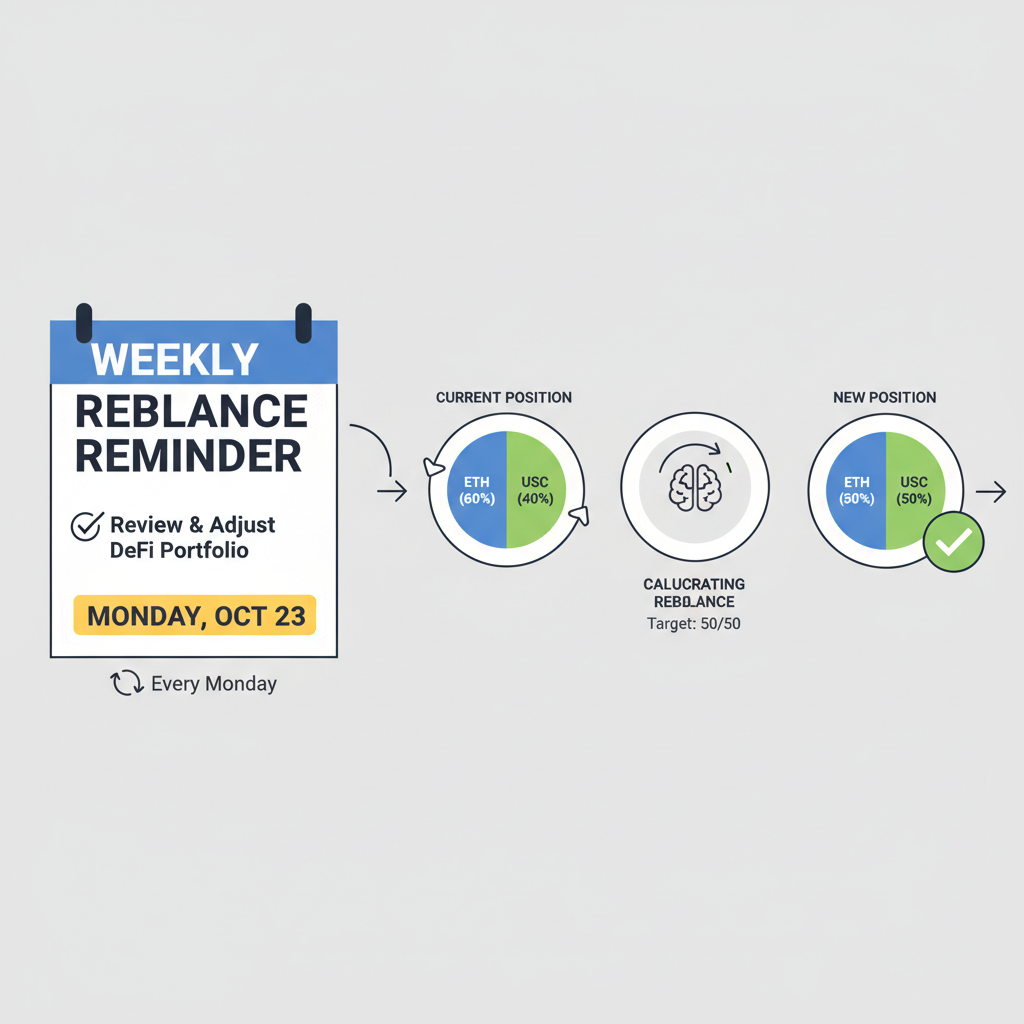 calendar with weekly rebalance reminder, DeFi charts showing position adjustment