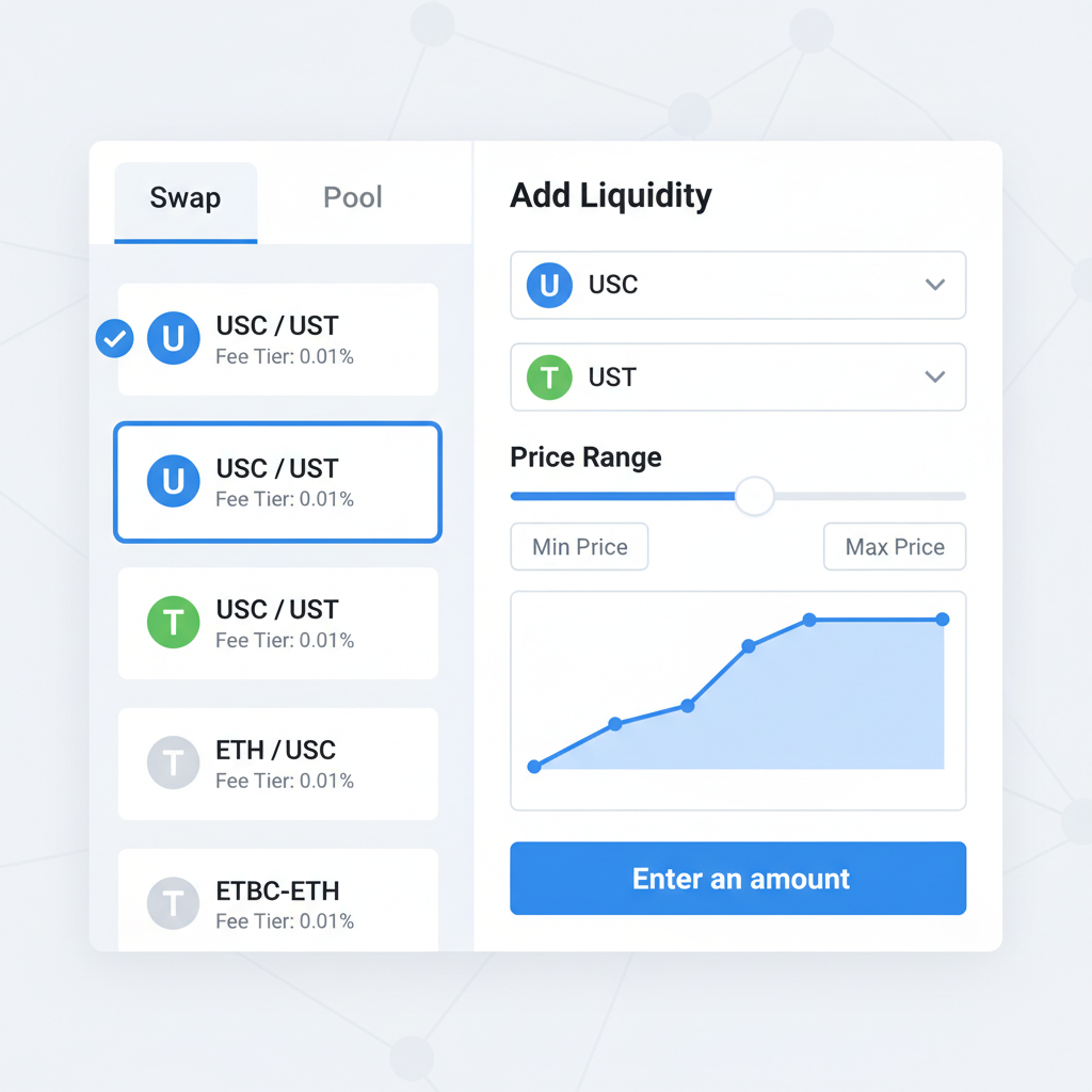 uniswap v3 interface selecting USDC-USDT pool, clean UI, DeFi dashboard style
