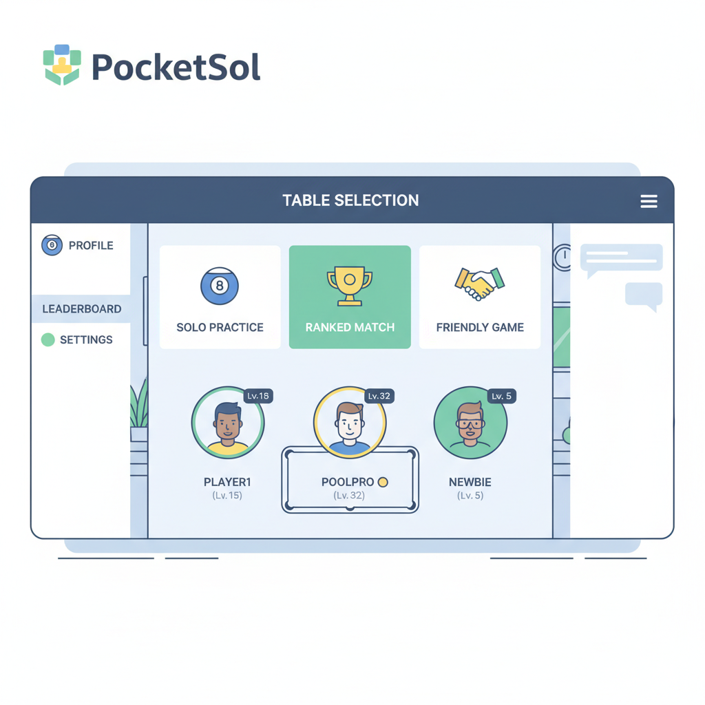 PocketSol pool game lobby with table selection modes and players