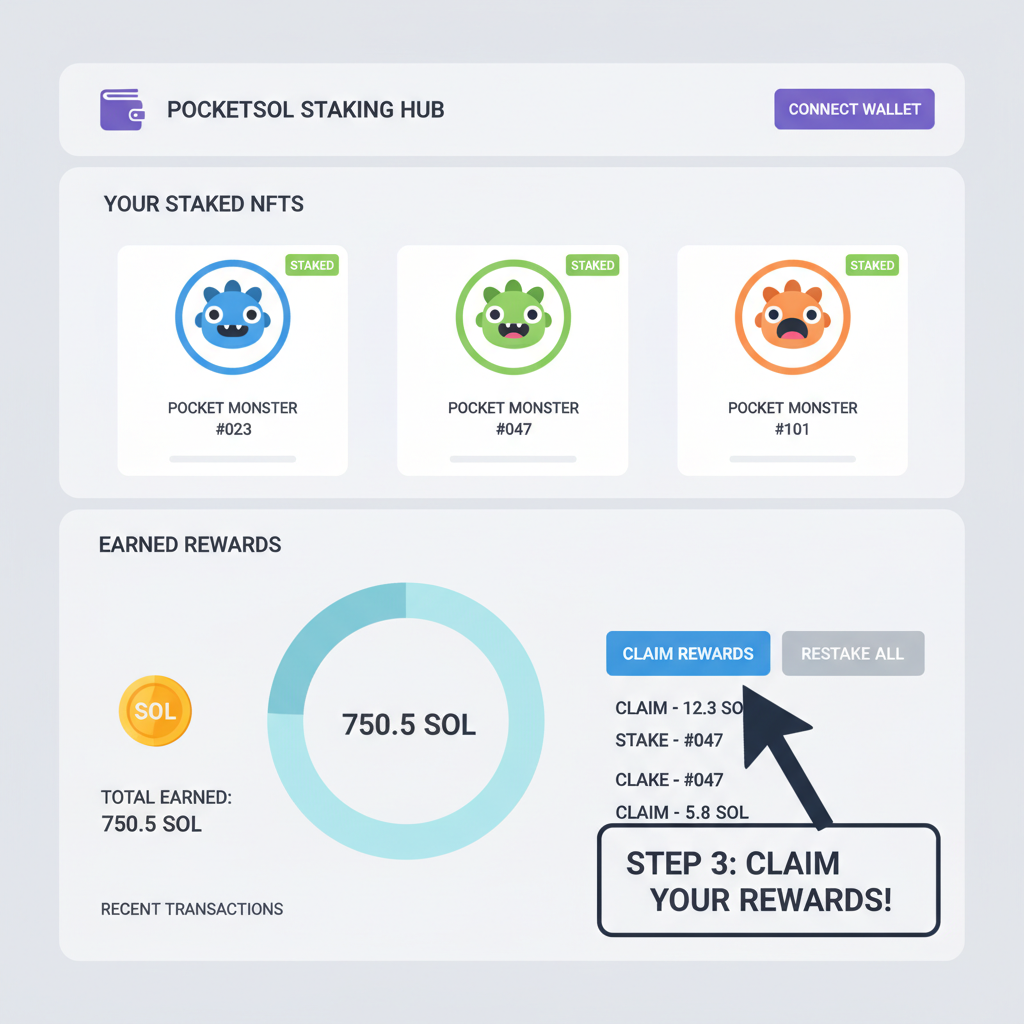 PocketSol NFT staking interface showing rewards dashboard