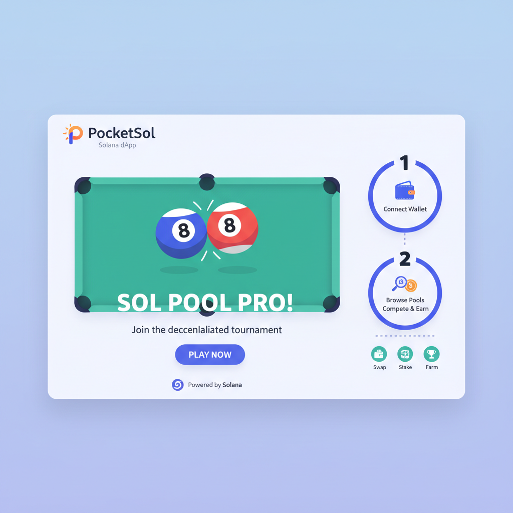 PocketSol dApp homepage with pool game banner on Solana blockchain