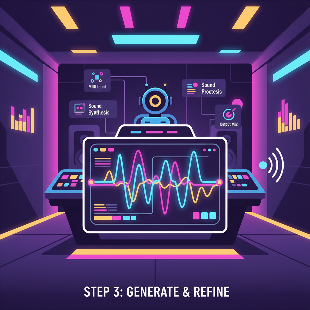 AI music production studio with synthetic waveforms pulsing, bold vibrant lights, dynamic composition