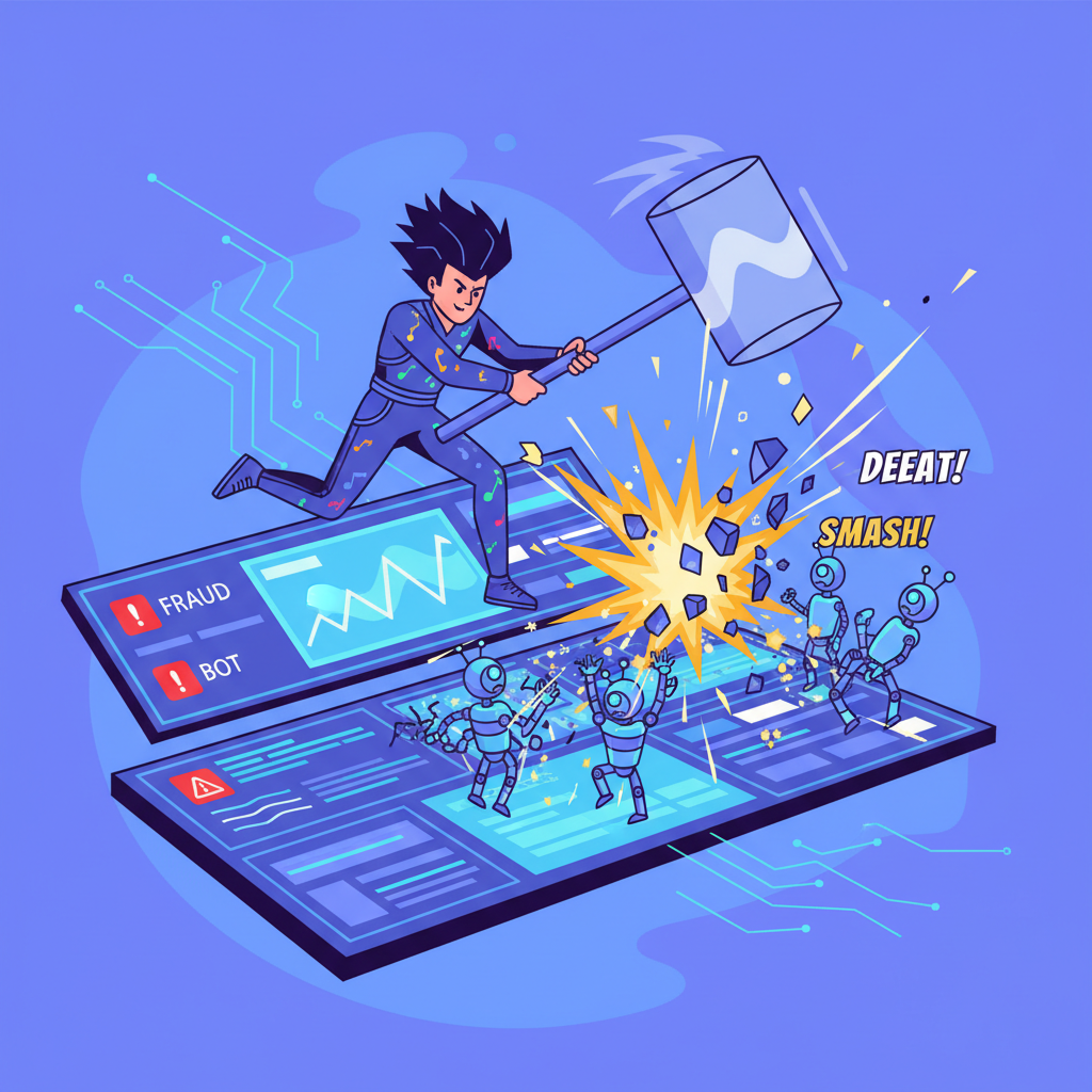 musician monitoring dashboard smashing fraud bots with watermark hammer, explosive action scene