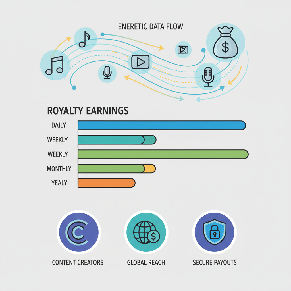 streaming platforms dashboard with royalty graphs and watermark icons connecting, energetic data flow